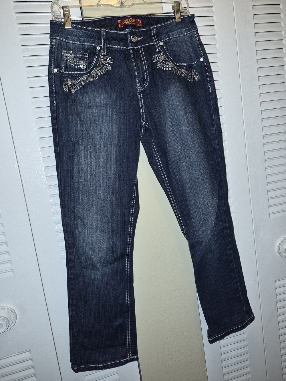 Onesole Dark Blue Straight Leg Jeans with Rhinestone Trim